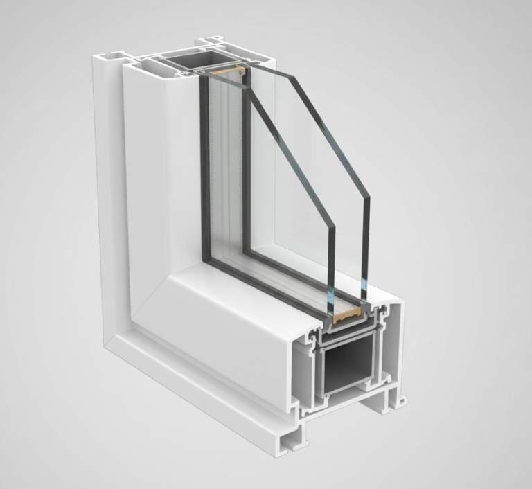 مقطع سه‌بعدی پروفیل UPVC چندکاناله با تقویت‌کننده فلزی و شیشه دوجداره.